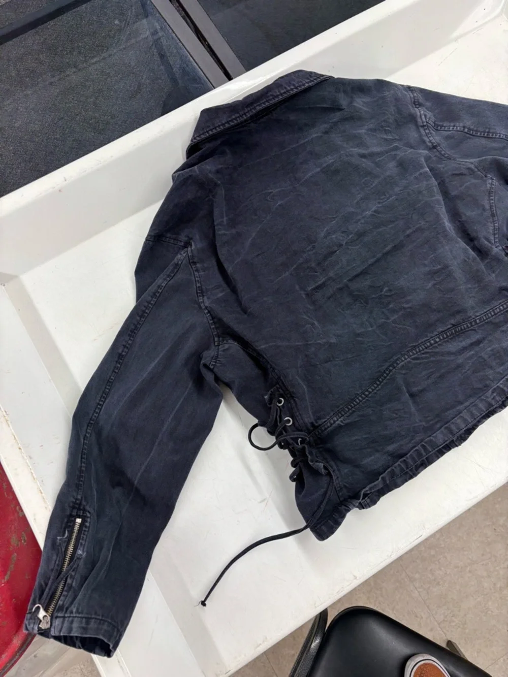 Free People Black Washed Denim Biker Jacket with Asymmetric Zip - Picture 4 of 6